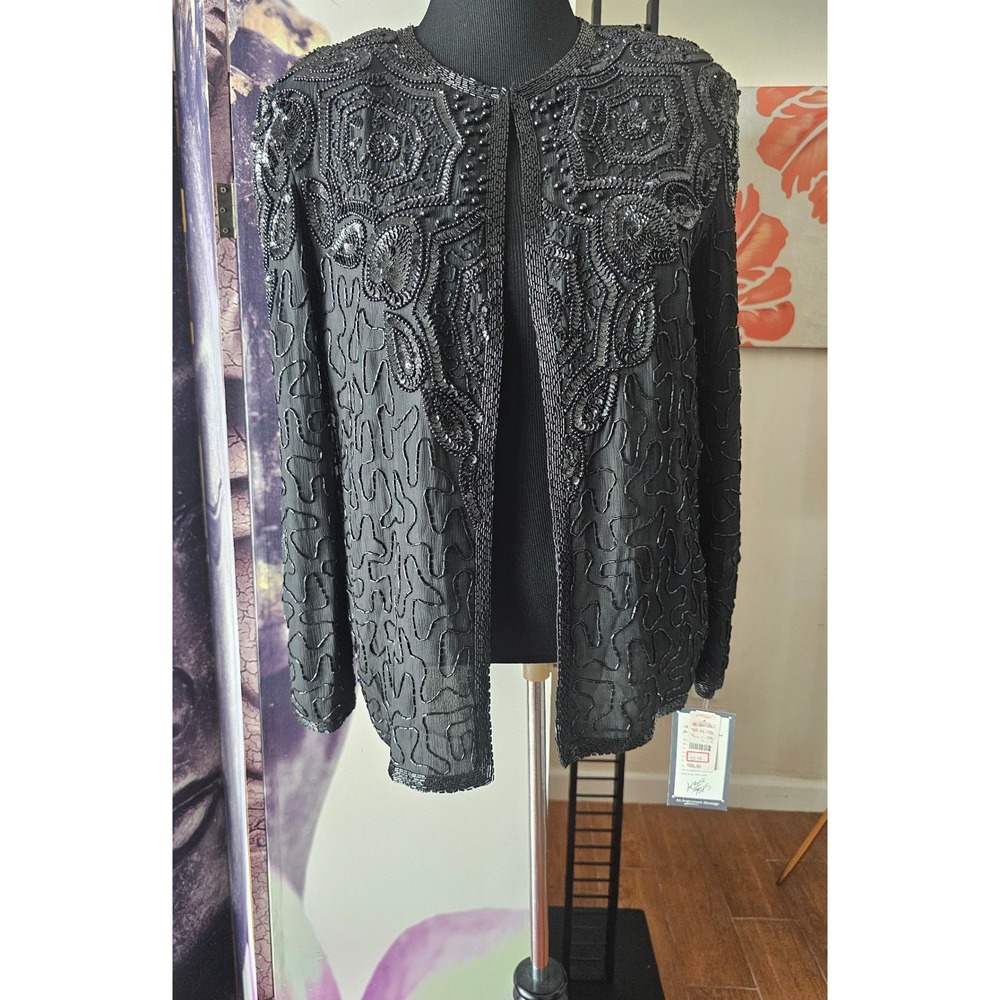 Adrianna Papell Evening Beaded Sequin‎ Jacket Bolero Black Party Elegant Size M - Picture 10 of 11
